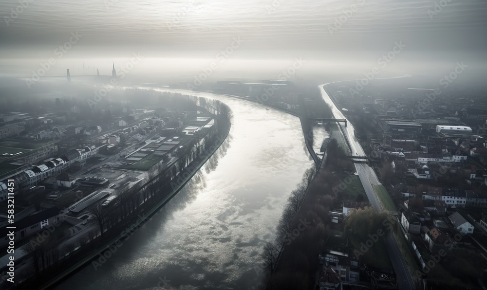 Poster an aerial view of a river and a city in the distance with a foggy sky above the river is a bridge an