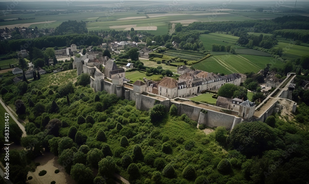 Aufkleber an aerial view of an old castle surrounded by trees and fields in the distance is a large field with