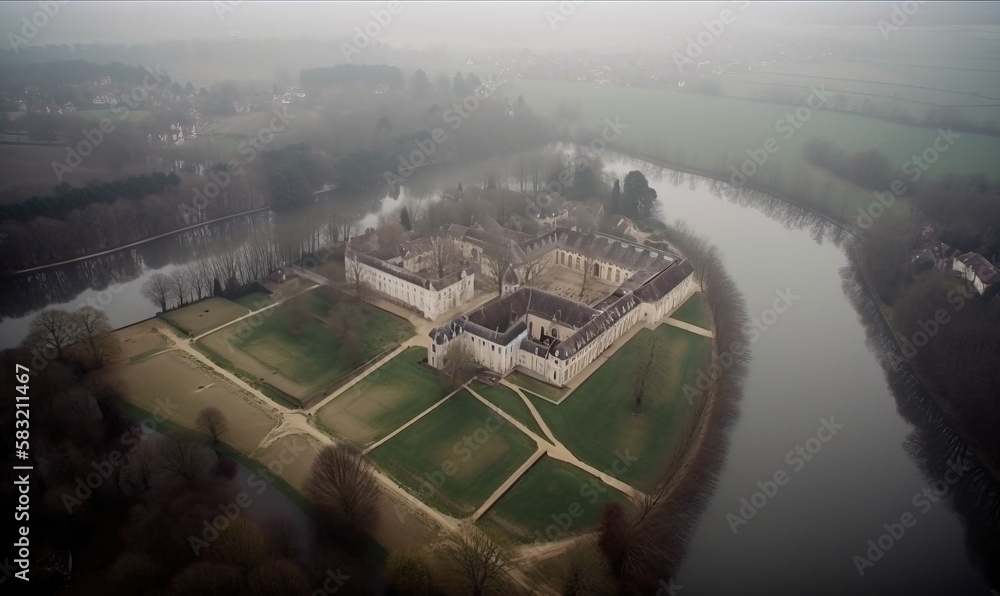 Poster an aerial view of a castle in the middle of a river with a foggy sky above it and a river running th