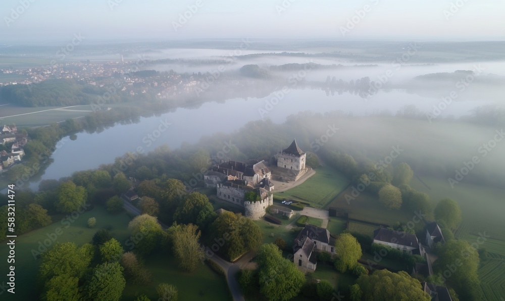 Poster  an aerial view of a castle surrounded by trees and fog in the distance, with a river running through the center of the picture, and a town in the foreground of the foreground.  generative ai