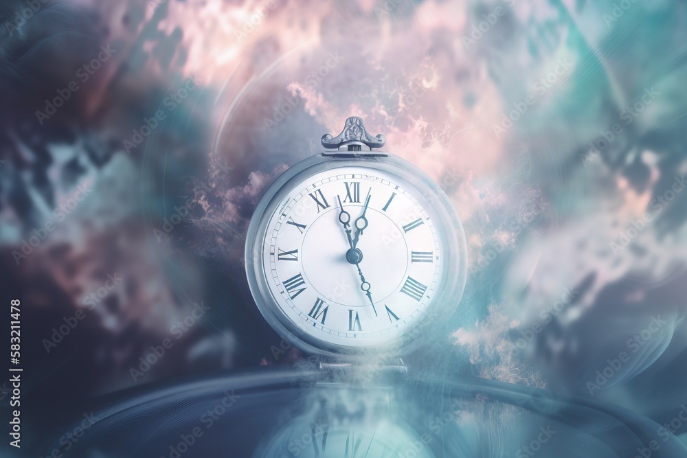 Poster a clock sitting on top of a table in front of a nebula
