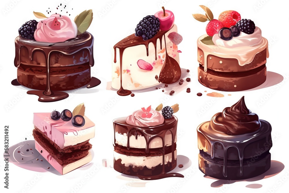 Aufkleber a bunch of cakes that are sitting on a table with chocolate sauce on top of them and raspberries on 