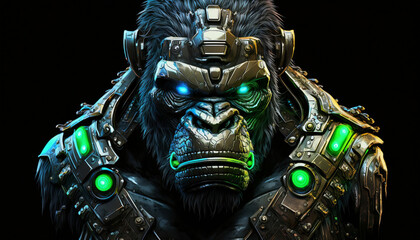 Scary robot gorilla with shiny eyes extreme close up portrait. Looking straight in the camera	