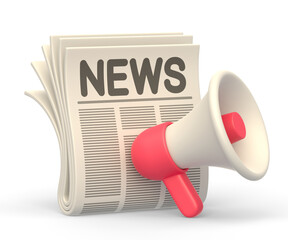 Realistic 3d icon of printed newspaper and megaphone - 583211471