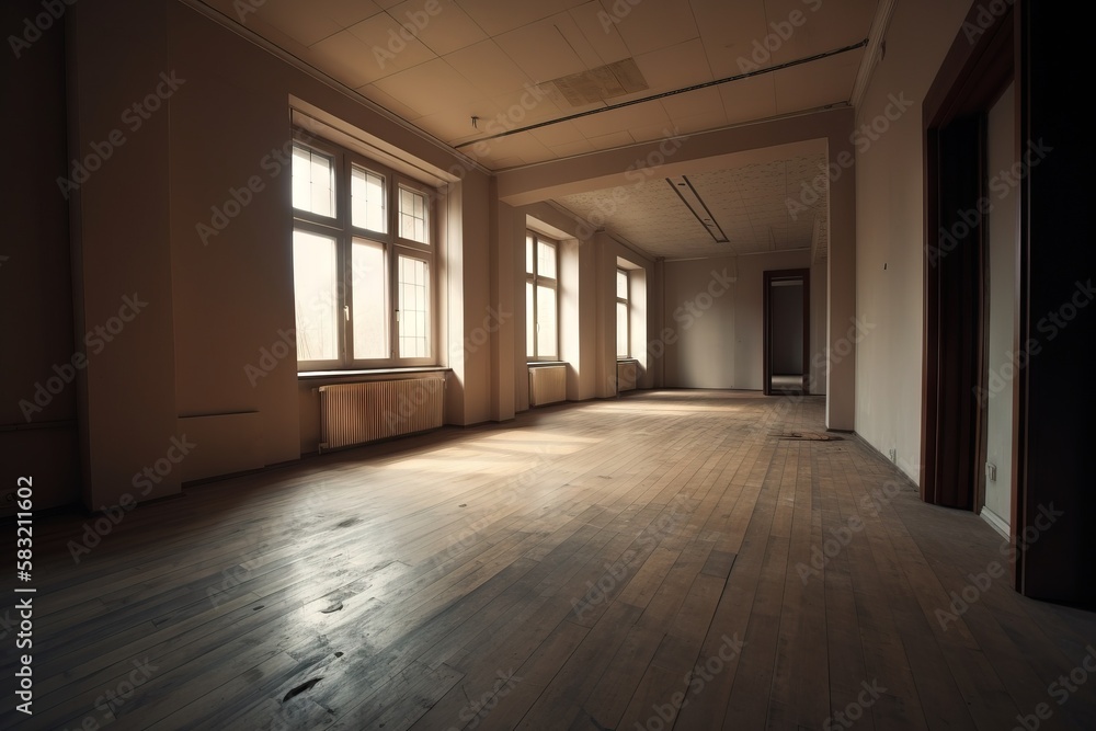 Poster an empty room with a wooden floor and large windows in the middle of the room with sunlight coming t
