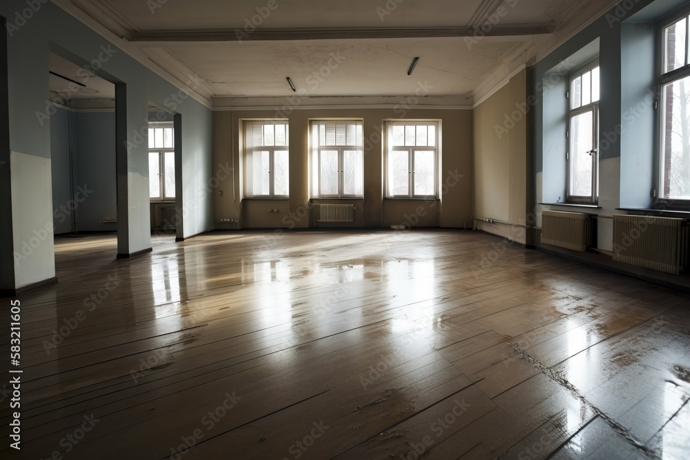 Aufkleber a large empty room with three windows and a hard wood floor with light coming in from the windows on