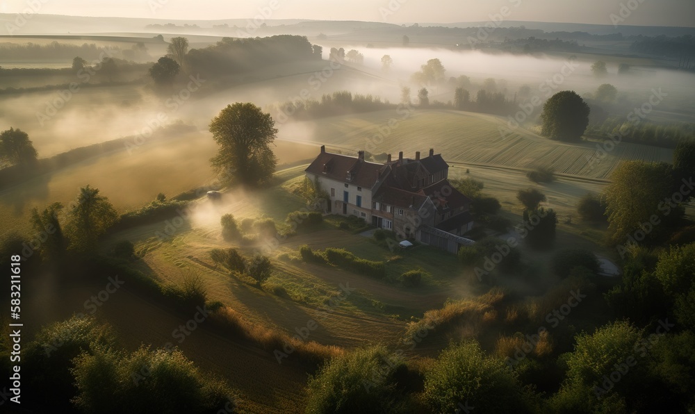 Poster a house surrounded by trees and fog in a field with a house in the middle of the picture and trees i