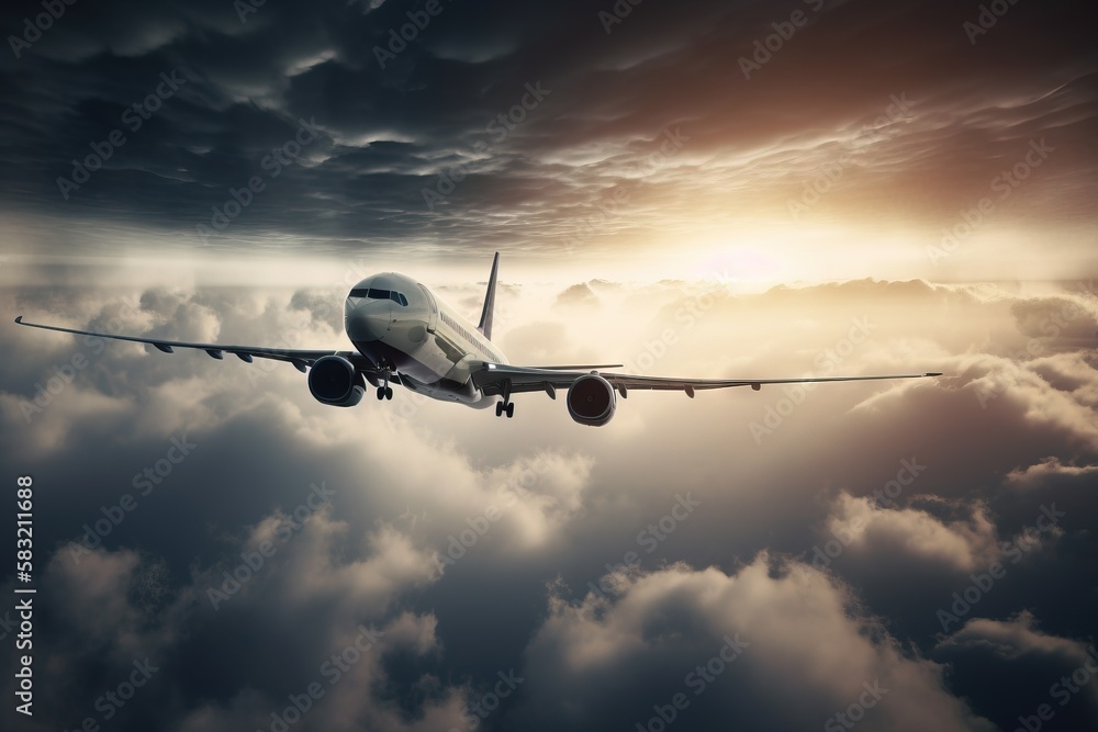 Poster an airplane is flying through the clouds in the sun set sky with a dark sky and clouds behind it and