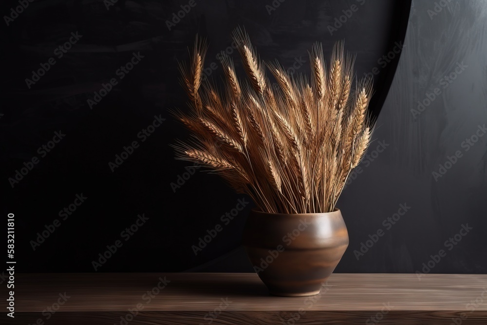 Poster a brown vase with some dry grass in it on a table next to a black wall and a black wall in the backg