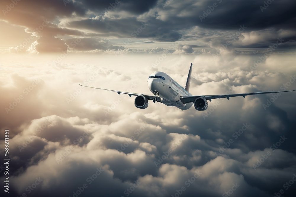 Poster an airplane is flying through the clouds in the sunlit sky with a dark cloud layer behind it and a b