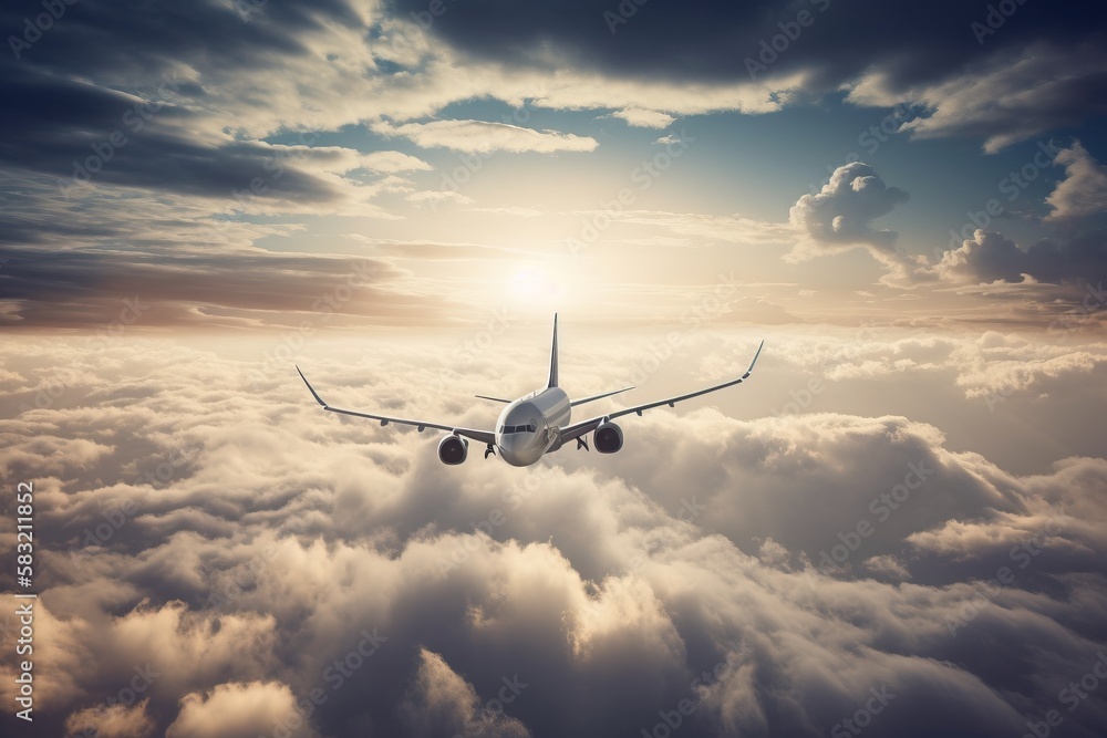 Poster an airplane flying above the clouds in the sky with the sun shining through the clouds behind it and