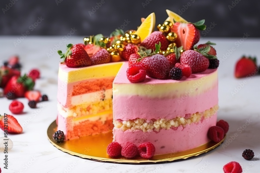 Aufkleber a cake with a slice cut out of it with berries on top of it and a few other pieces on the side of th