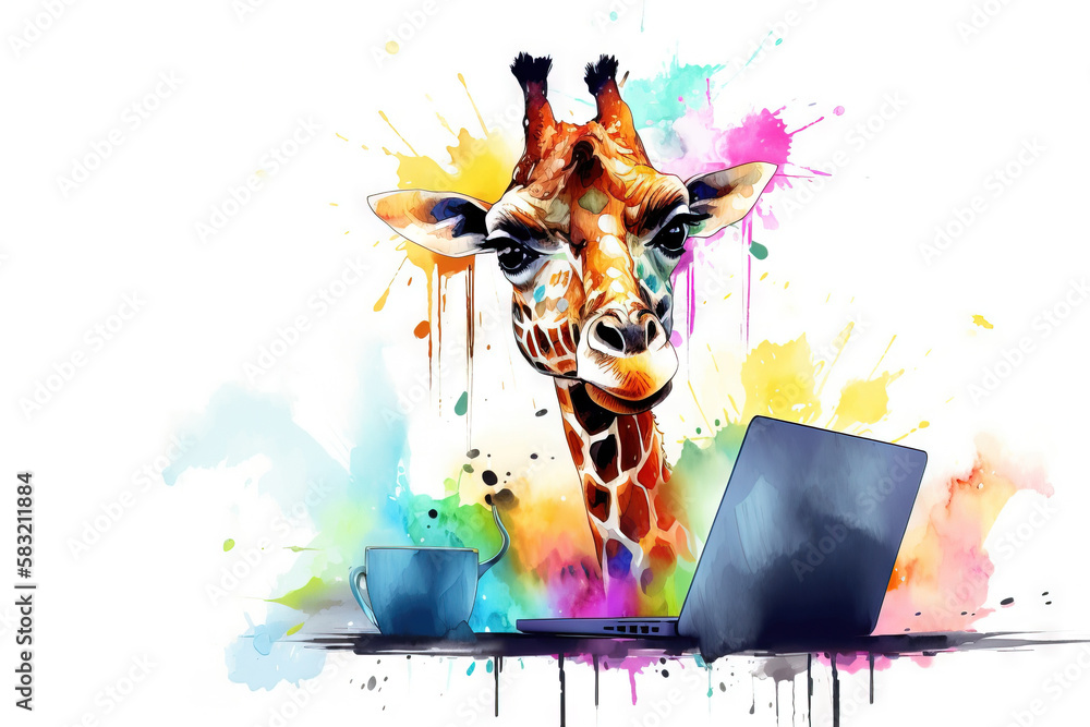 Poster a giraffe with a laptop and a cup of coffee on a table with paint splatters on it and a laptop on th