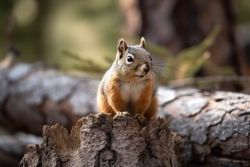 Cute small squirrel sitting on the tree trunk, created with generative AI
