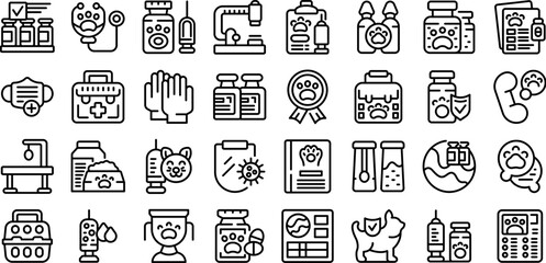 Pet vaccination icons set outline vector. Dog doctor. Animal vaccine