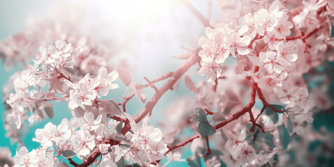 White and pink apple blossoms on a branch in beautiful sunlight with teal sky, stylized spring scenery