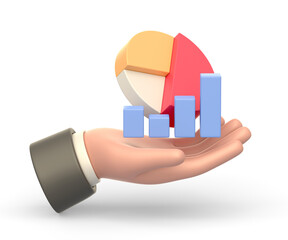 Realistic 3d icon of statistics graph and pie chart on human hand - 583212266