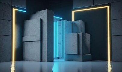  a room with a neon light and a concrete structure in the middle of the room, with a door and a light at the end of the room.  generative ai