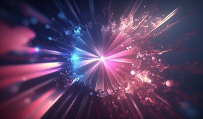  a colorful explosion of light and stars in the night sky, with a star burst in the middle of the image, and a blue and pink and purple background.  generative ai