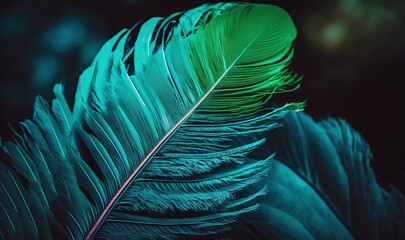  a close up of a green feather on a black background with a blurry image of the feather and the tip of the feather in the foreground.  generative ai