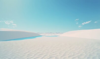  a large expanse of white sand with a blue pool in the middle of the sand and mountains in the distance in the distance is a bright blue sky.  generative ai