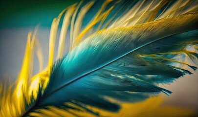 a close up of a blue and yellow feather on a blue and yellow background with a black border around the feathers and the bottom part of the feathers.  generative ai