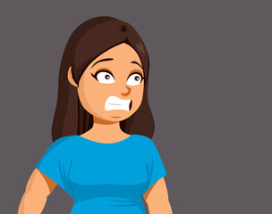 Vector illustration of shocked plus size woman with terrified face expression stressed. Female person concerned about her health - obrazy, fototapety, plakaty