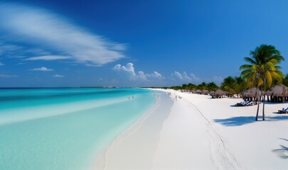  a sandy beach with palm trees and a blue sky in the background and a white sand beach with blue water and palm trees in the foreground.  generative ai