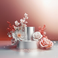 Elegant podium scene for product presentation with decorative flowers and branches still life style. Mockup.