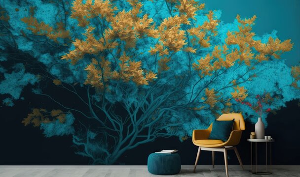  a room with a chair, table and a painting on the wall of a tree with yellow leaves and a blue sky behind the tree.  generative ai