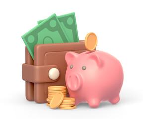 Realistic 3d icon of wallet with money banknotes, golden coins and piggy bank - 583212617