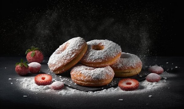  a pile of powdered doughnuts sitting on top of a plate next to strawberries and powdered sugar on a black surface.  generative ai