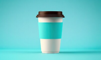  a cup of coffee with a brown lid on a blue background with a brown lid on the top of the cup is a blue and white cup with a brown lid.  generative ai