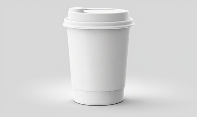  a white coffee cup with a lid on a gray background with a shadow of the cup on the ground and a white background with a shadow of the cup.  generative ai