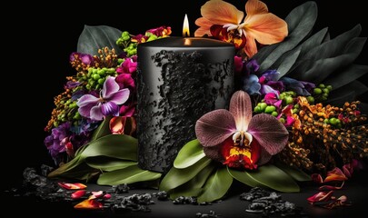  a black candle surrounded by flowers and leaves on a black background with a black candle surrounded by flowers and leaves on a black background with a.  generative ai