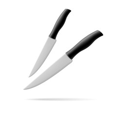Kitchen steel 3D knife with a black handle for slicing food. For cooking and advertising knives. Isolated image on white background.