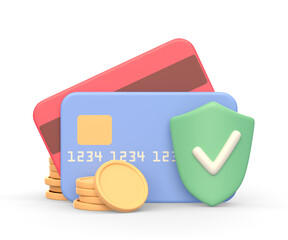 Realistic 3d icon of two credit or debit cards and shield - 583213407