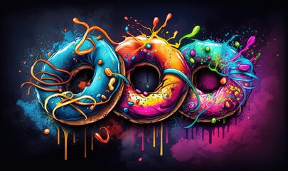  a colorful donut with sprinkles and paint splattered on it's face and the word donut written in the middle.  generative ai