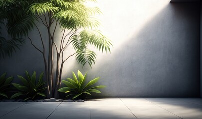 a room with a plant and a light coming in from the window on the side of the wall and a plant in the corner of the room.  generative ai