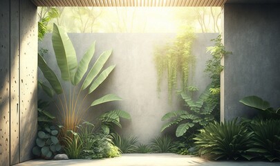  a room with a lot of plants and a wall with a light coming through the window on the side of the room is a concrete floor.  generative ai