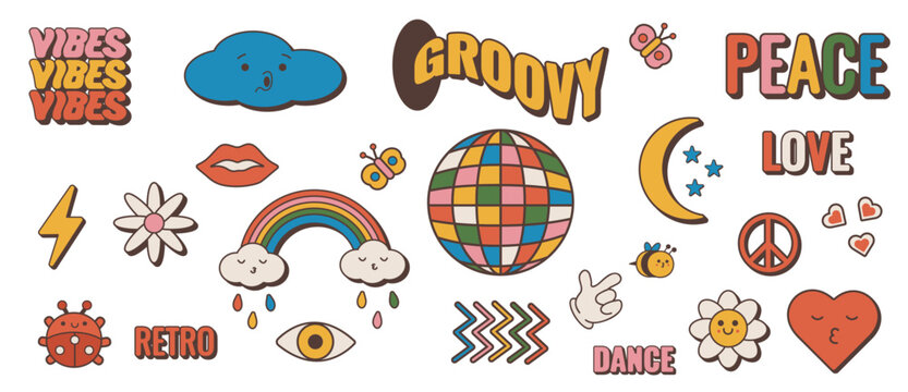 Naklejka Groovy hippie 70s set. Funny cartoon flower, rainbow, peace, Love, heart, bee, ladybug. Sticker pack in trendy retro cartoon style. Isolated vector illustration