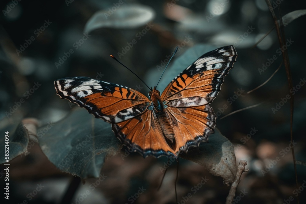 Poster a butterfly with its wings folded, blending into the environment generative ai