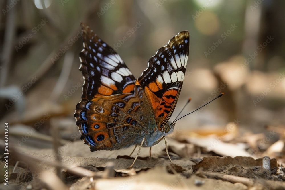 Poster a butterfly with its wings folded, blending into the environment generative ai