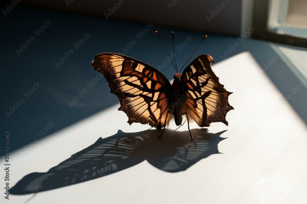 Poster a butterfly with its shadow on a surface generative ai