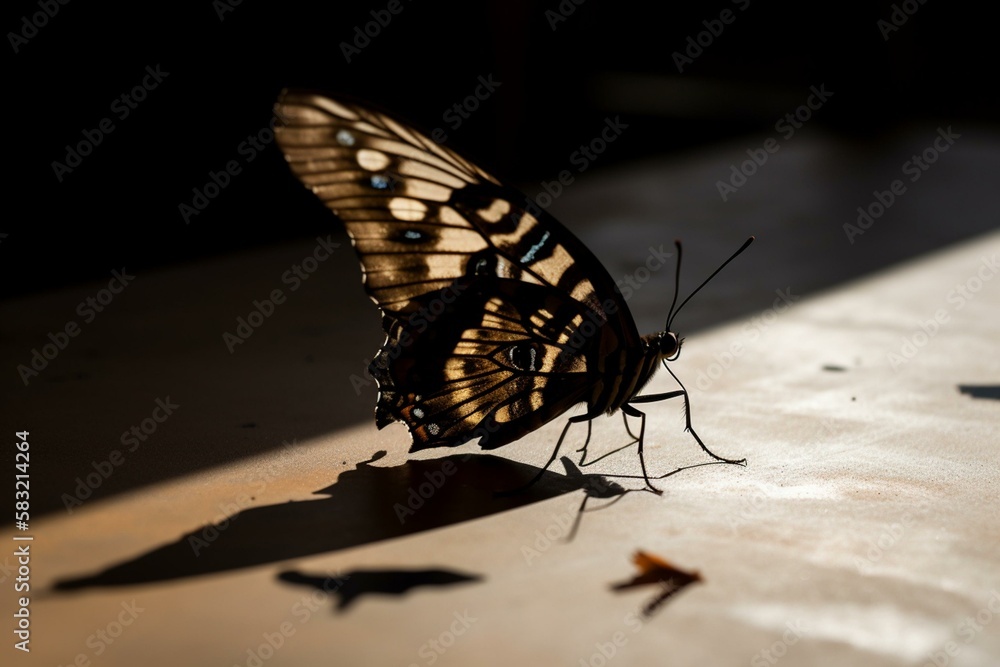 Poster a butterfly with its shadow on a surface generative ai