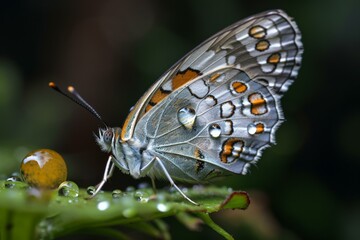 A butterfly with a dew-covered wing Generative AI
