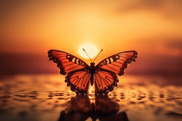 Fototapeta na wymiar A butterfly in front of a sunset or sunrise Generative AI