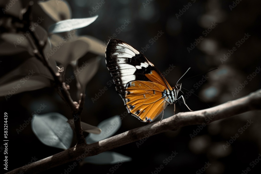 Poster a butterfly on a branch with a contrasting background generative ai