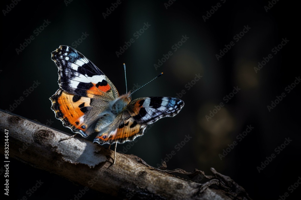 Poster a butterfly on a branch with a contrasting background generative ai