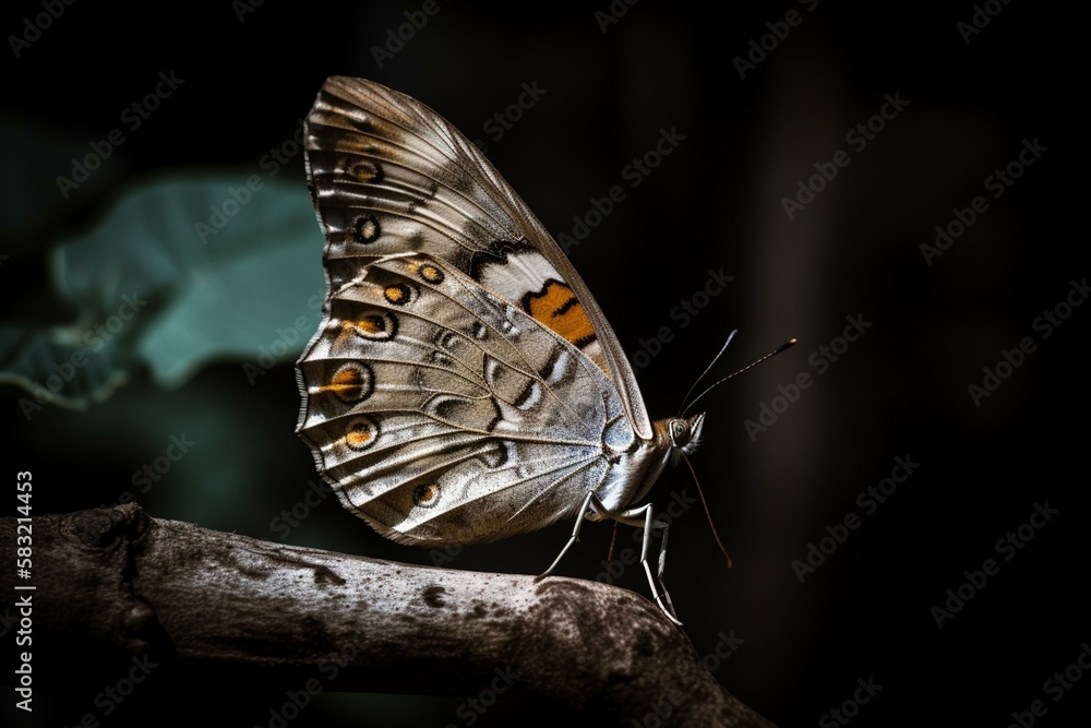 Poster a butterfly on a branch with a contrasting background generative ai